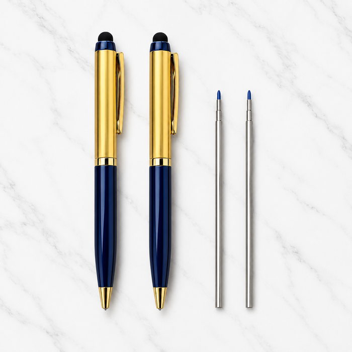 Ballpen Bazaar  Ballpen Bazaar Set of 2 Stylus Metallic Glossy Gold & Blue Dual Colour Mini Ball Pens with Gold Clip | Twist Mechanism | Blue Ink | Includes 2 Free Mini VT Refills with Name Engraving