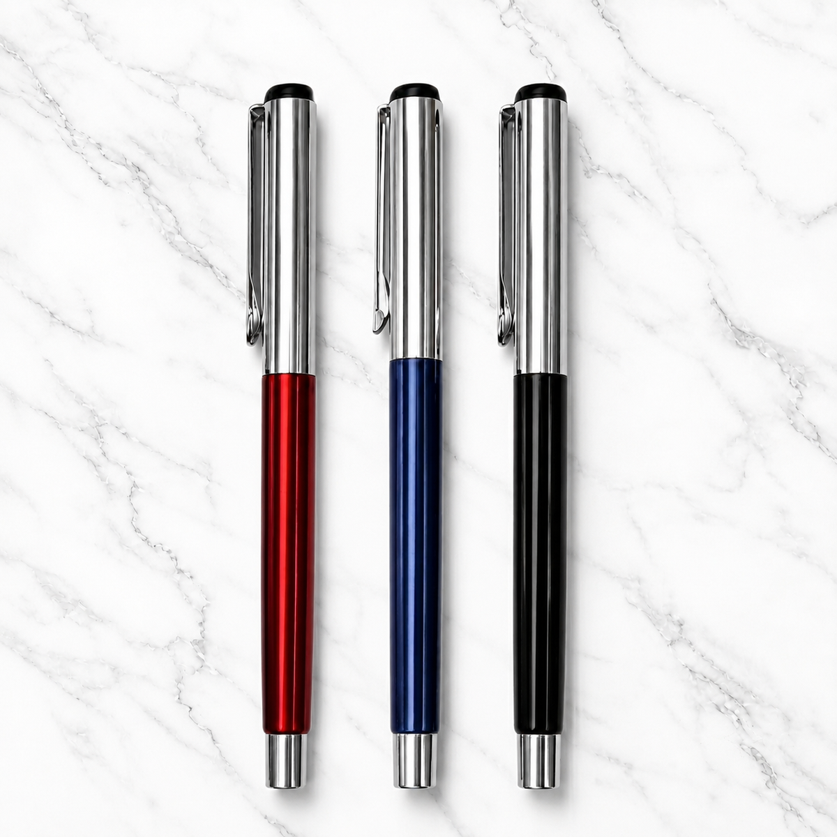 Ballpen Bazaar  Ballpen Bazaar Set of 3 Metallic Glossy Ball Pens Red Black Blue with Silver Cap Openable Mechanism Blue Ink 3 Extra Refills with Name Engraving