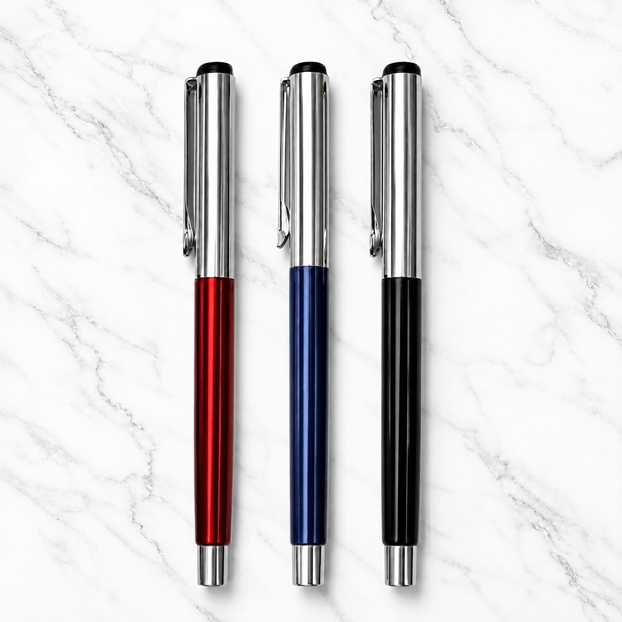 Ballpen Bazaar  Ballpen Bazaar Set of 3 Metallic Glossy Ball Pens Red Black Blue with Silver Cap Openable Mechanism Blue Ink 3 Extra Refills with Name Engraving