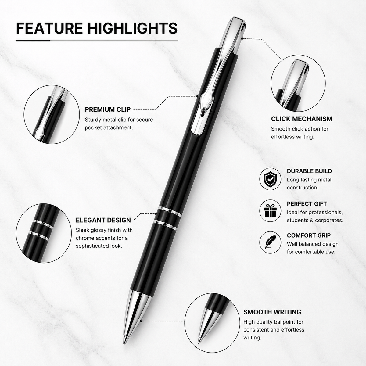 Ballpen Bazaar  Ballpen Bazaar Set of 3 Metallic Glossy Black Ball Pens with Silver Clip | Click Mechanism | Blue Ink Writing Pens with Name Engraving