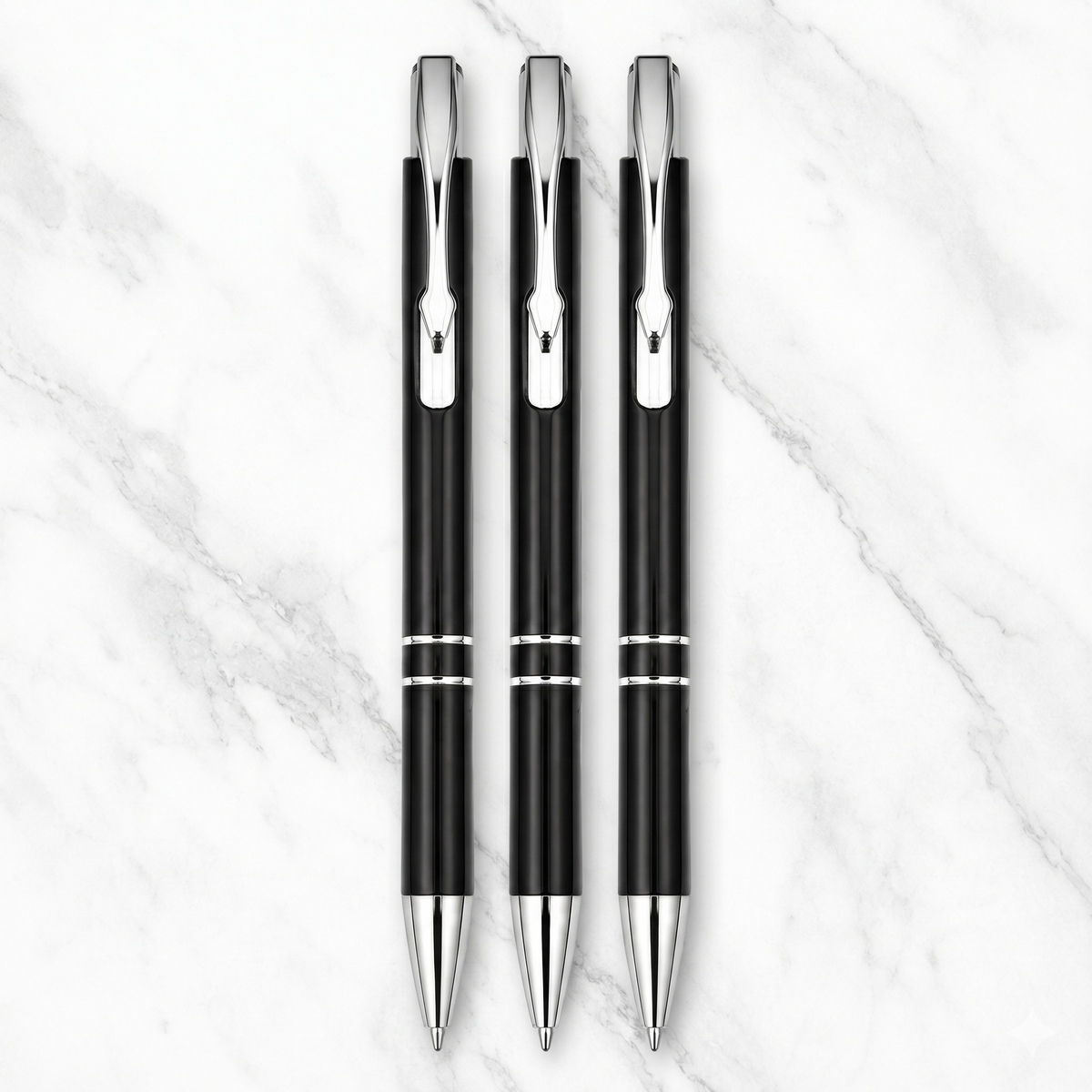 Ballpen Bazaar  Ballpen Bazaar Set of 3 Metallic Glossy Black Ball Pens with Silver Clip | Click Mechanism | Blue Ink Writing Pens with Name Engraving