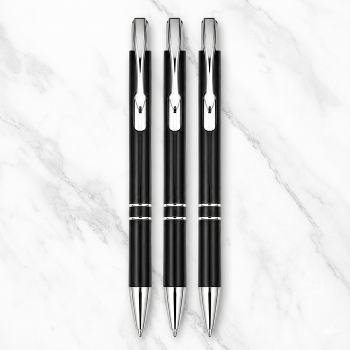 Ballpen Bazaar  Ballpen Bazaar Set of 3 Metallic Glossy Black Ball Pens with Silver Clip | Click Mechanism | Blue Ink Writing Pens with Name Engraving