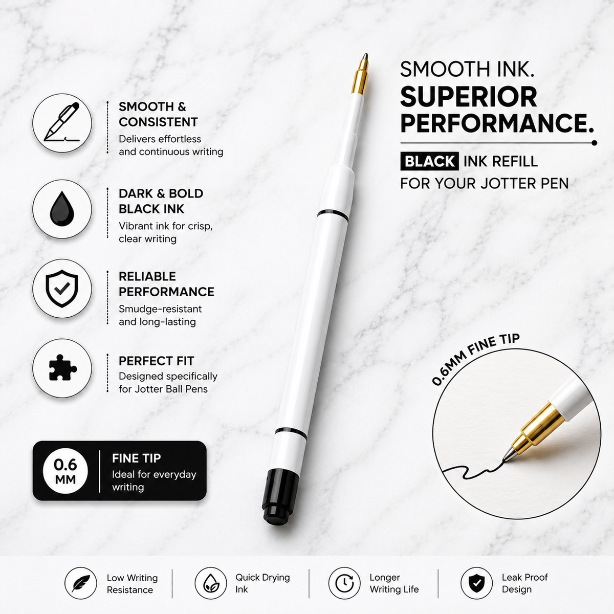 0.6 mm black ink plastic jotter refill for compatible ball pens