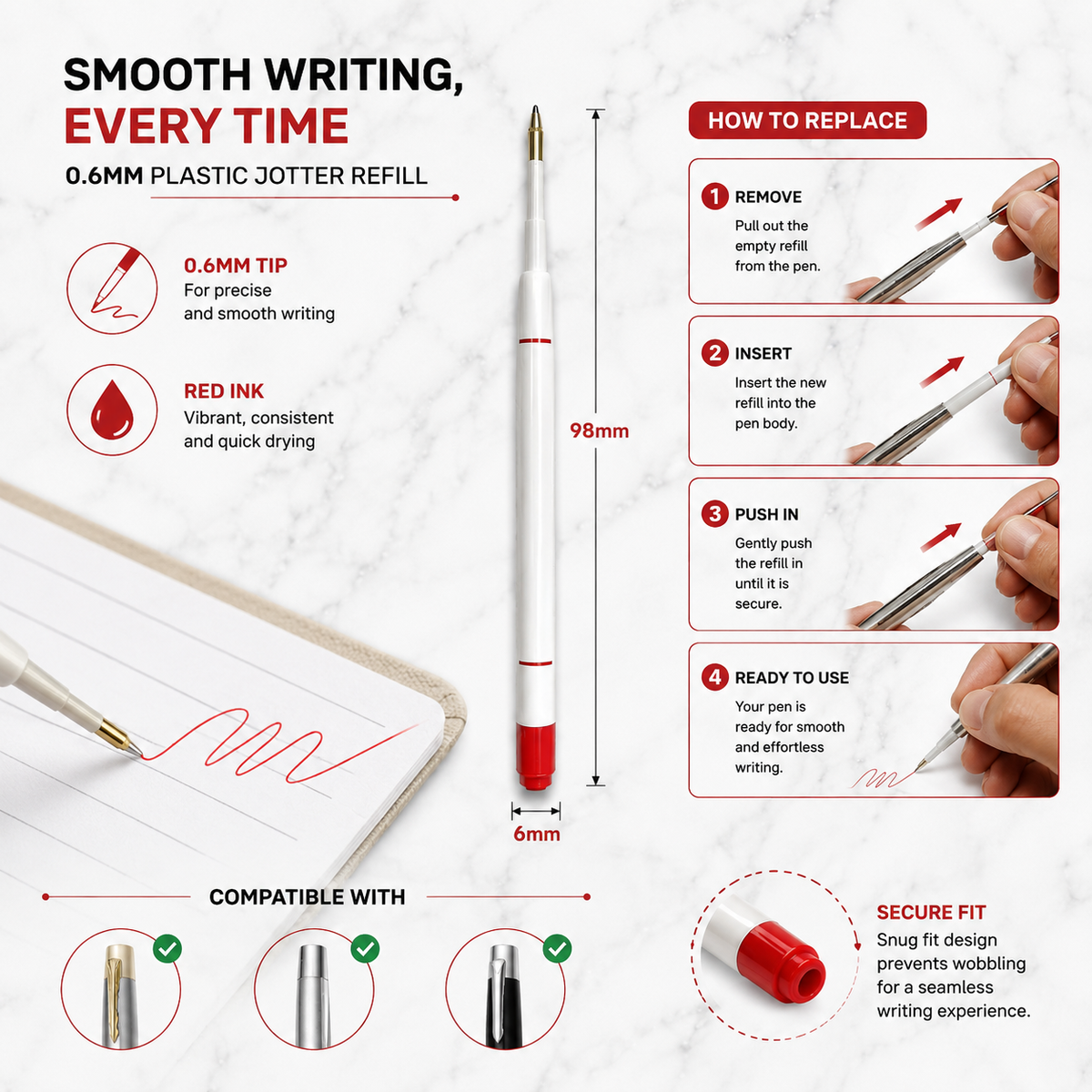 0.6 mm Plastic Jotter Refill – Red Ink product view 4