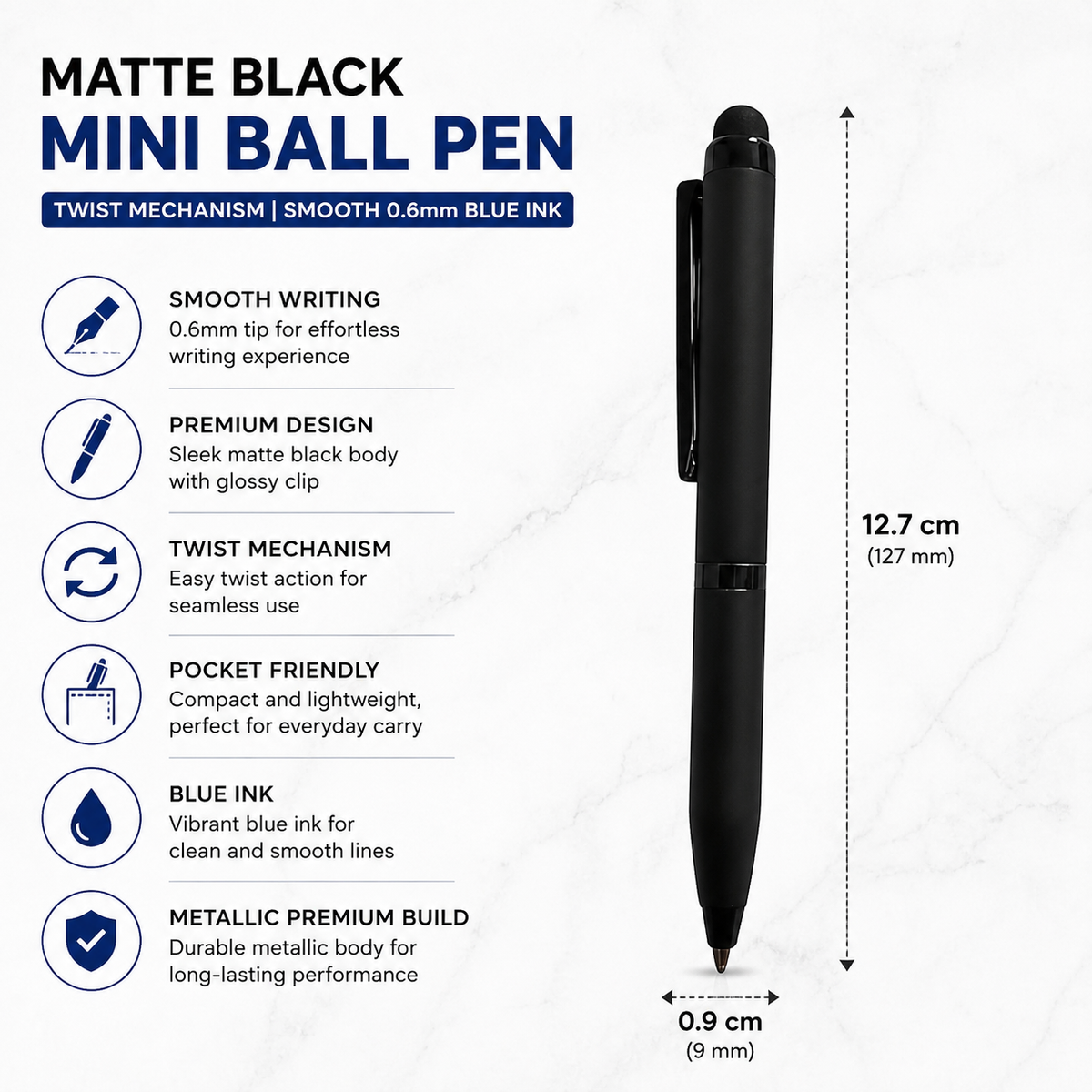 Ballpen Bazaar  Ballpen Bazaar Stylus Matt Black Ball Pen with Black Clip | Twist Mechanism Mini Pen | Blue Ink | 1 Pen with 1 Extra Refill with Name Engraving