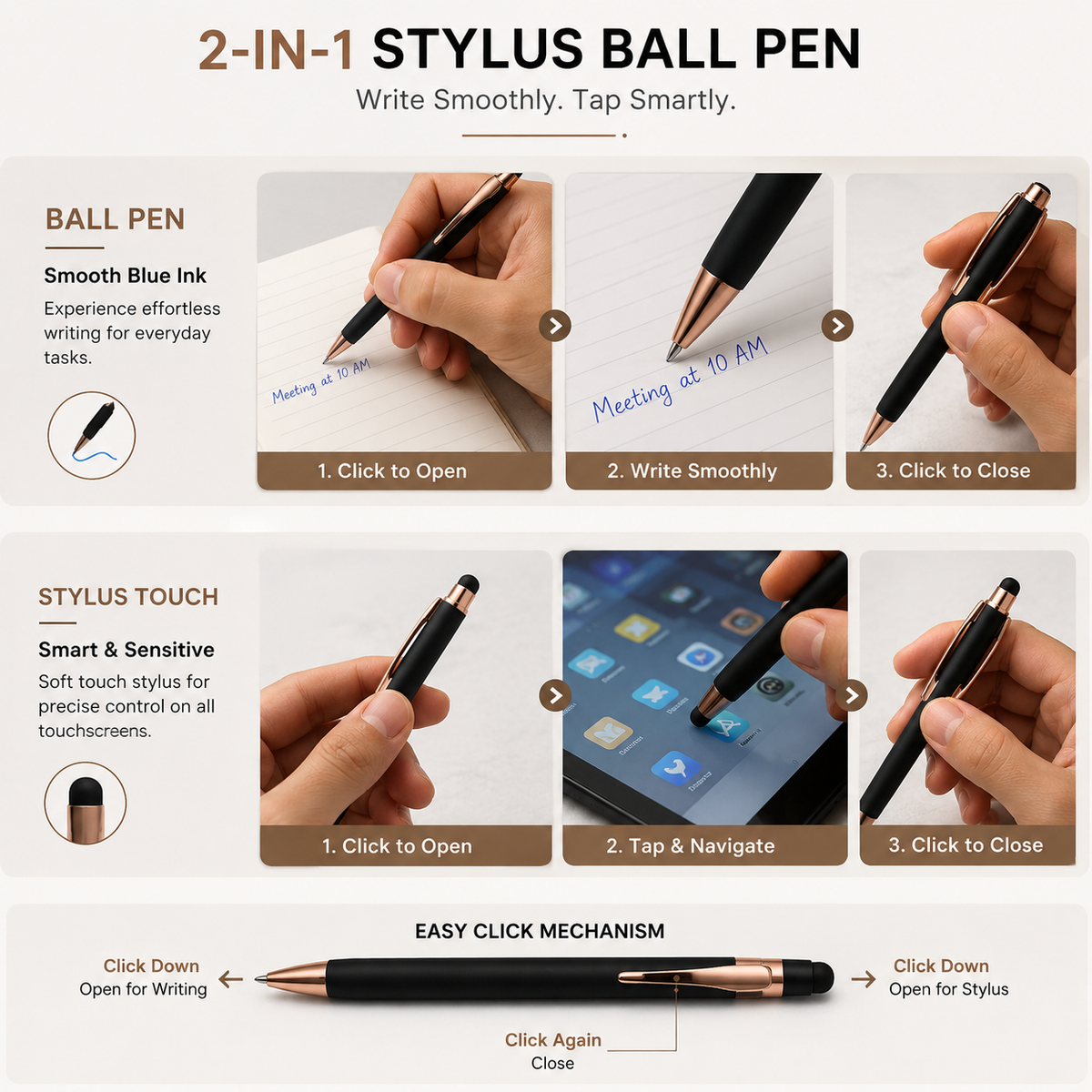 Ballpen Bazaar  Ballpen Bazaar Stylus Matt Black Ball Pen with Copper Clip | Click Mechanism | Blue Ink | 1 Pen with 1 Extra Refill with Name Engraving
