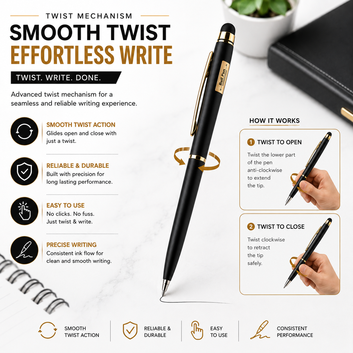 Ballpen Bazaar  Ballpen Bazaar Stylus Matt Black Ball Pen with Gold Clip | Twist Mechanism | Smooth Blue Ink Writing Pen | Touchscreen Stylus Pen | 1 Pc with Name Engraving
