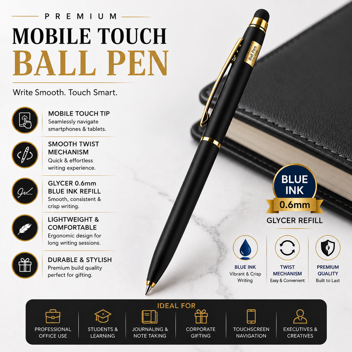 Ballpen Bazaar  Ballpen Bazaar Stylus Matt Black Ball Pen with Gold Clip | Twist Mechanism | Smooth Blue Ink Writing Pen | Touchscreen Stylus Pen | 1 Pc with Name Engraving