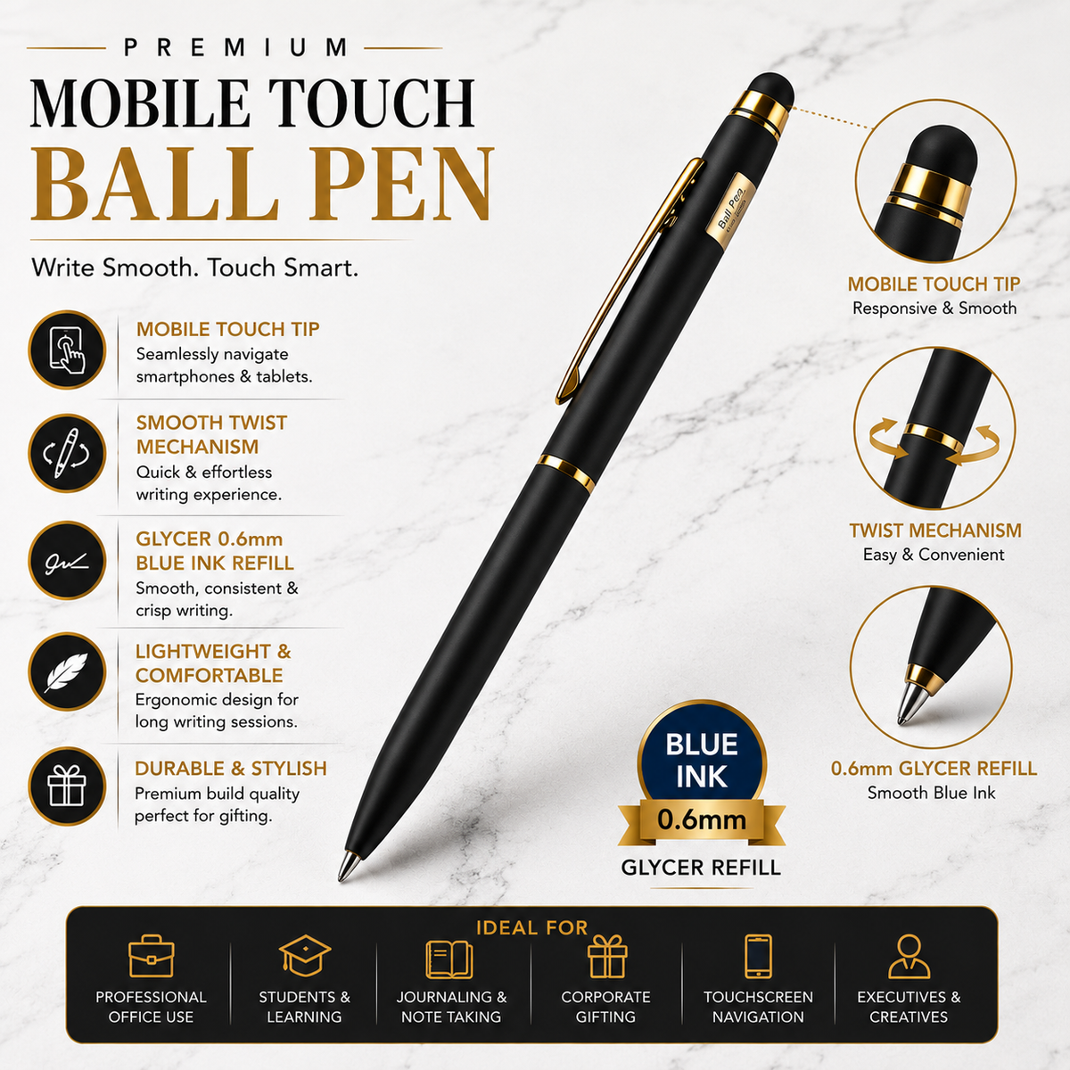 Ballpen Bazaar  Ballpen Bazaar Stylus Matt Black Ball Pen with Gold Clip | Twist Mechanism | Smooth Blue Ink Writing Pen | Touchscreen Stylus Pen | 1 Pc with Name Engraving