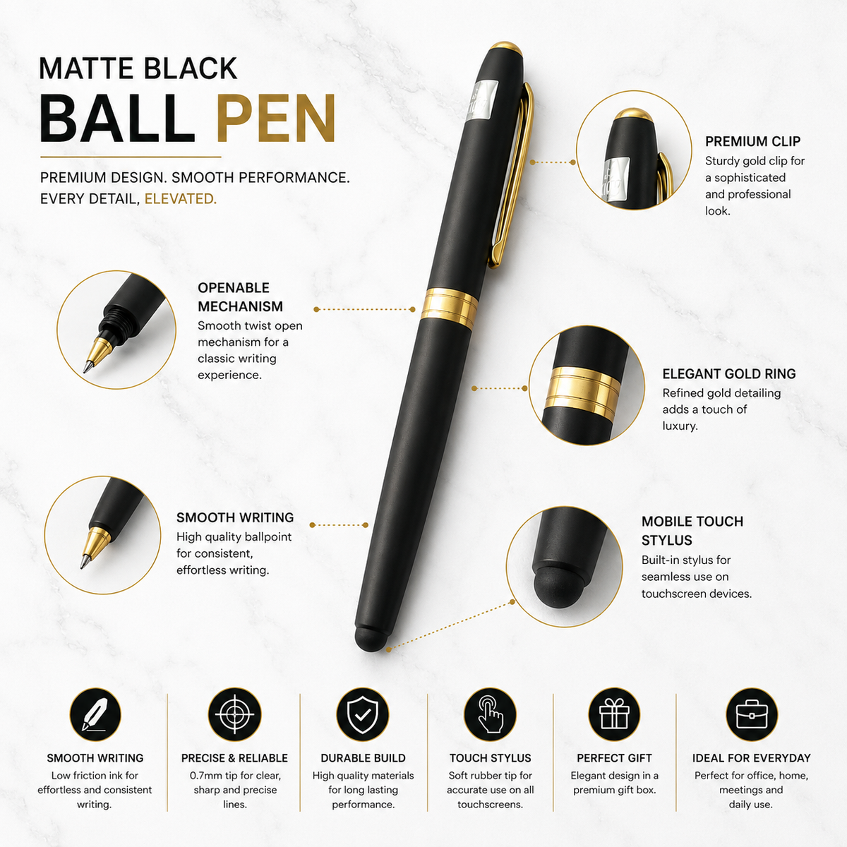 Ballpen Bazaar  Ballpen Bazaar Stylus Matt Black Ball Pen with Magnetic Cap & Gold Clip | Openable Cap Mechanism | Smooth Blue Ink Writing Pen | Premium Metal Touchscreen Stylus Pen | 1 Pc with Name Engraving