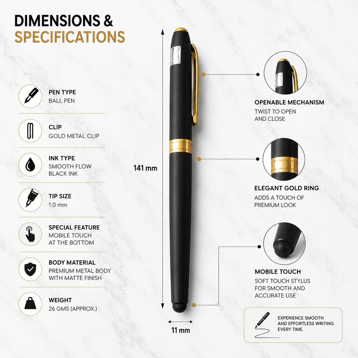 Ballpen Bazaar  Ballpen Bazaar Stylus Matt Black Ball Pen with Magnetic Cap & Gold Clip | Openable Cap Mechanism | Smooth Blue Ink Writing Pen | Premium Metal Touchscreen Stylus Pen | 1 Pc with Name Engraving