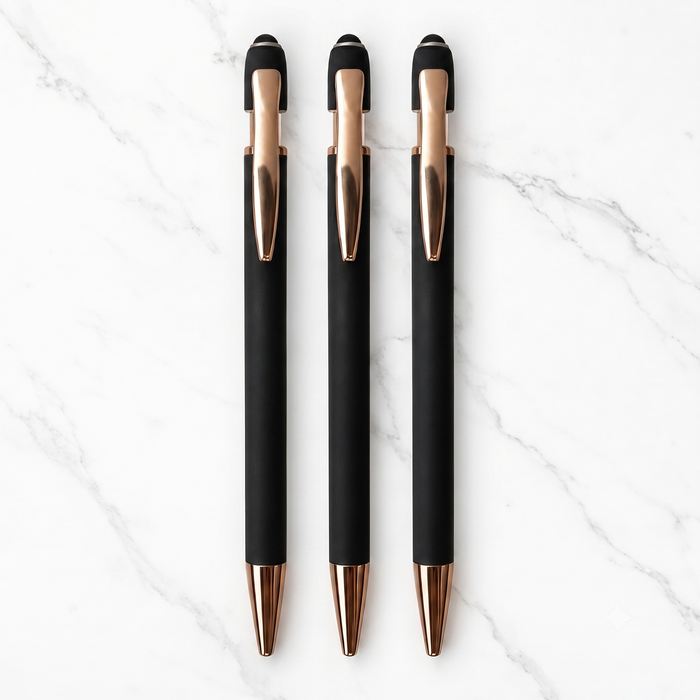Ballpen Bazaar  Ballpen Bazaar Stylus Matt Black Ball Pen with Rose Gold Clip Click Mechanism Blue Ink | Pack of 3 Pens with 3 Extra Refills with Name Engraving
