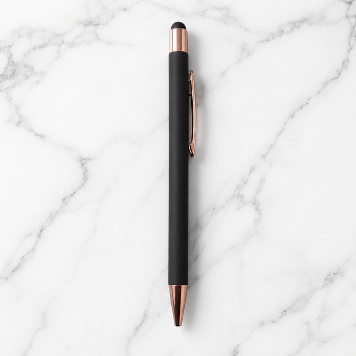 Ballpen Bazaar  Ballpen Bazaar Stylus Matt Black Ball Pen with Rose Gold Clip | Click Mechanism | Smooth Blue Ink Writing Pen | Premium Metal Touchscreen Stylus Pen | 1 Piece with Name Engraving