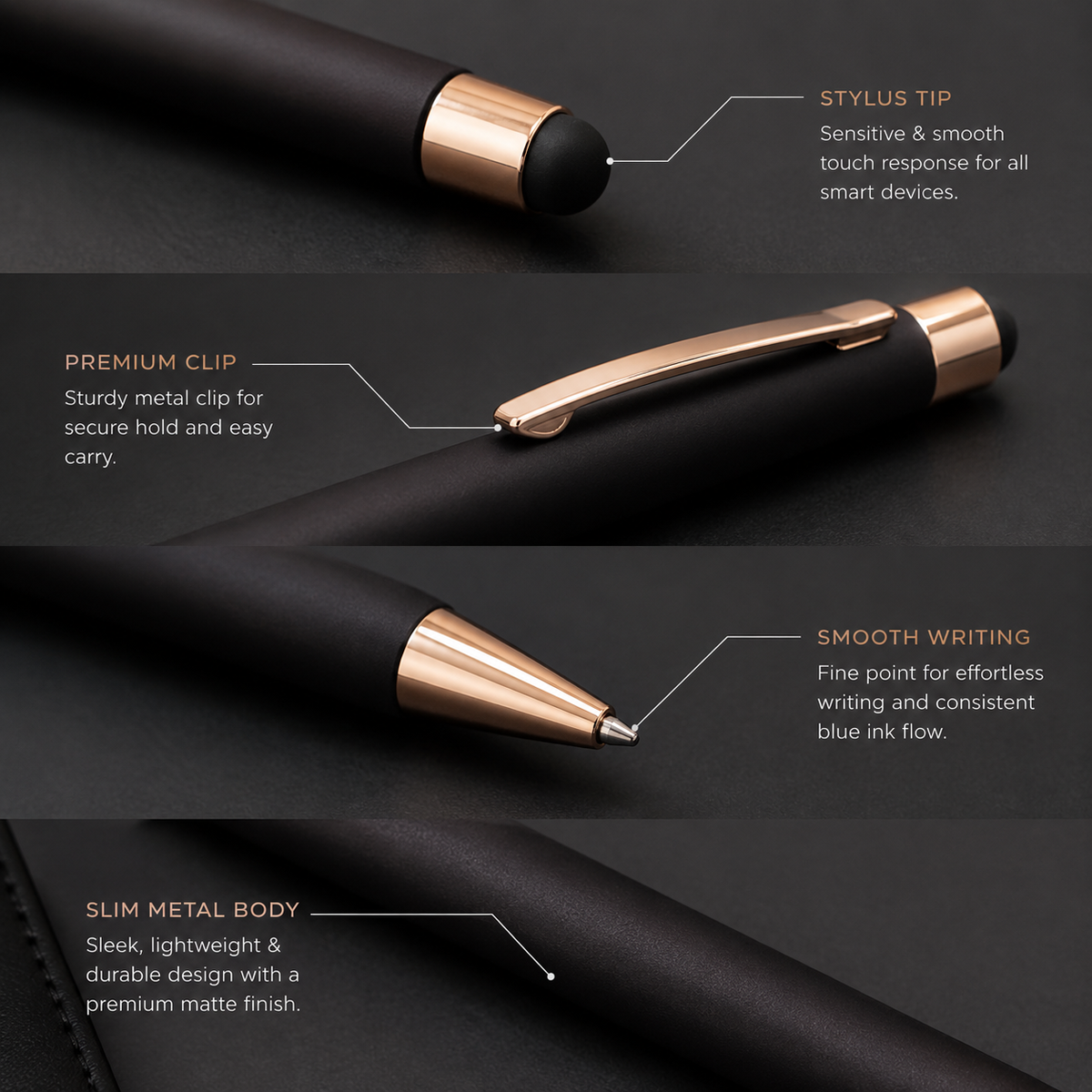 Ballpen Bazaar  Ballpen Bazaar Stylus Matt Black Ball Pen with Rose Gold Clip | Click Mechanism | Smooth Blue Ink Writing Pen | Premium Metal Touchscreen Stylus Pen | 1 Piece with Name Engraving