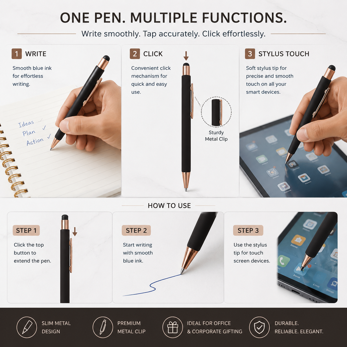 Ballpen Bazaar  Ballpen Bazaar Stylus Matt Black Ball Pen with Rose Gold Clip | Click Mechanism | Smooth Blue Ink Writing Pen | Premium Metal Touchscreen Stylus Pen | 1 Piece with Name Engraving
