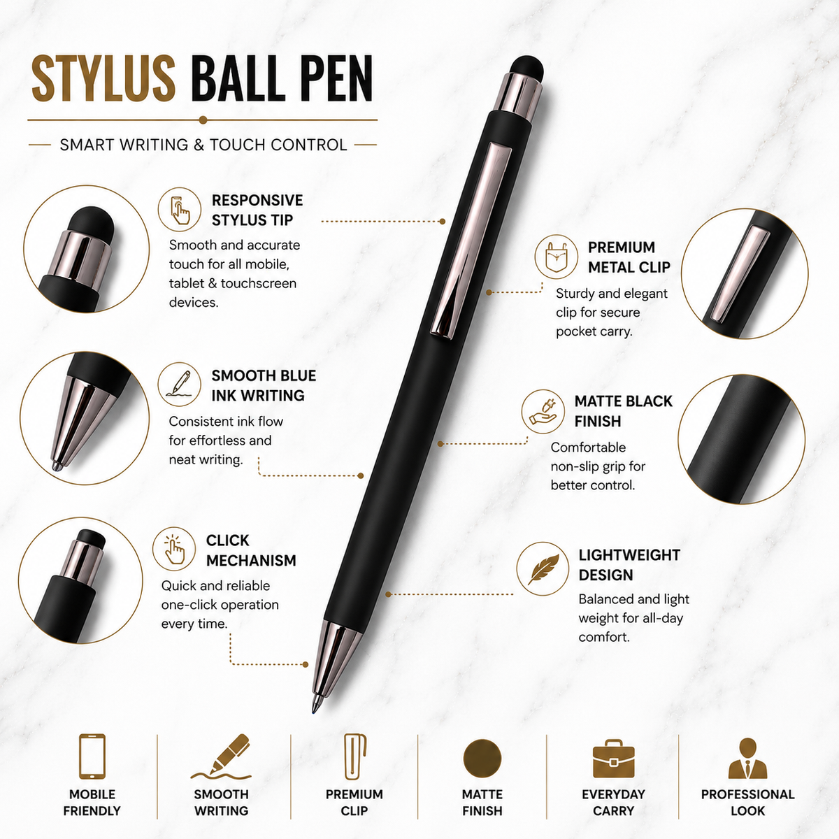 Ballpen Bazaar  Ballpen Bazaar Stylus Matt Black Ball Pen with Silver Clip Click Mechanism | Blue Ink | 1 Pen with 1 Extra Refill with Name Engraving