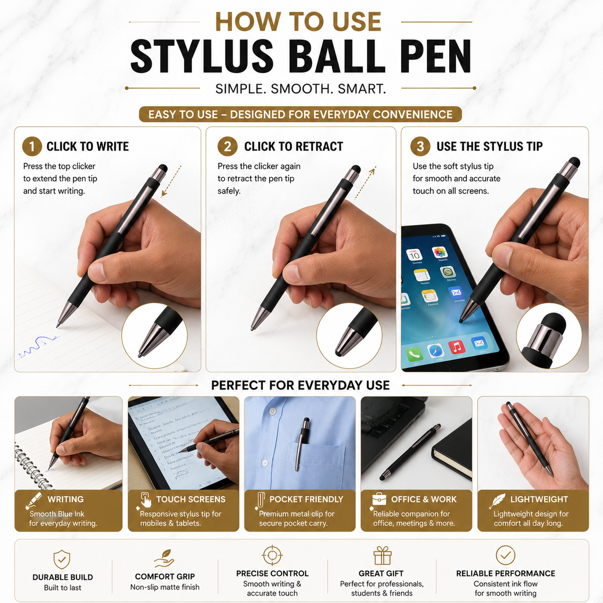 Ballpen Bazaar  Ballpen Bazaar Stylus Matt Black Ball Pen with Silver Clip Click Mechanism | Blue Ink | 1 Pen with 1 Extra Refill with Name Engraving