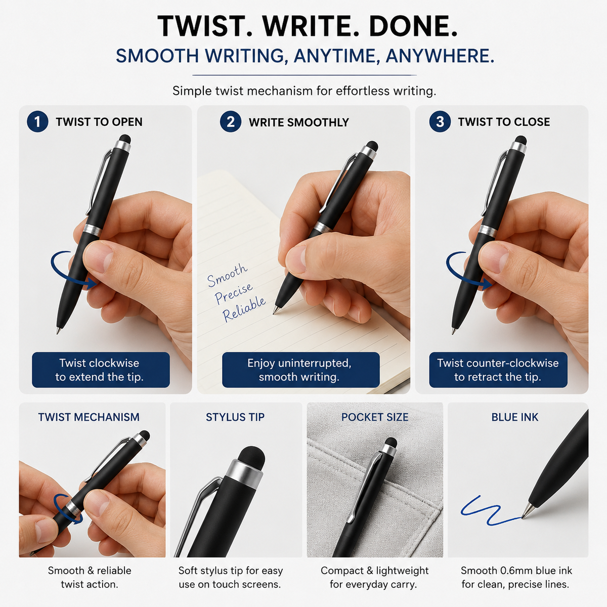 Ballpen Bazaar  Ballpen Bazaar Stylus Matt Black Mini Ball Pen with Silver Clip | Twist Mechanism | Blue Ink | 1 Pen with 1 Extra Refill with Name Engraving