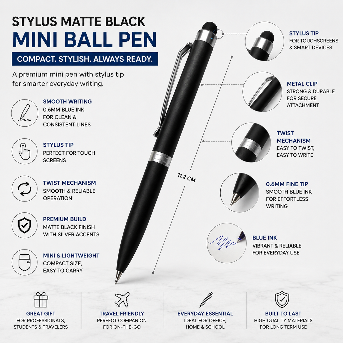 Ballpen Bazaar  Ballpen Bazaar Stylus Matt Black Mini Ball Pen with Silver Clip | Twist Mechanism | Blue Ink | 1 Pen with 1 Extra Refill with Name Engraving