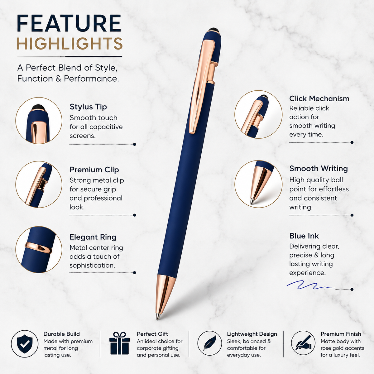 Ballpen Bazaar  Ballpen Bazaar Stylus Matt Blue Ball Pen with Copper Clip Click Mechanism | Blue Ink | 1 Pen with 1 Extra Refill with Name Engraving