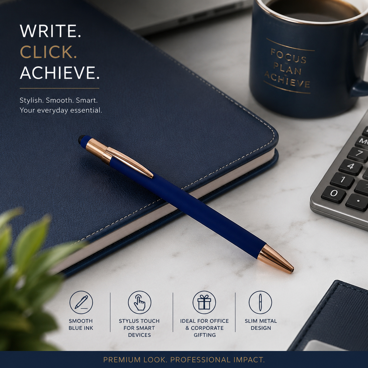Ballpen Bazaar  Ballpen Bazaar Stylus Matt Blue Ball Pen with Copper Clip Click Mechanism | Blue Ink | 1 Pen with 1 Extra Refill with Name Engraving