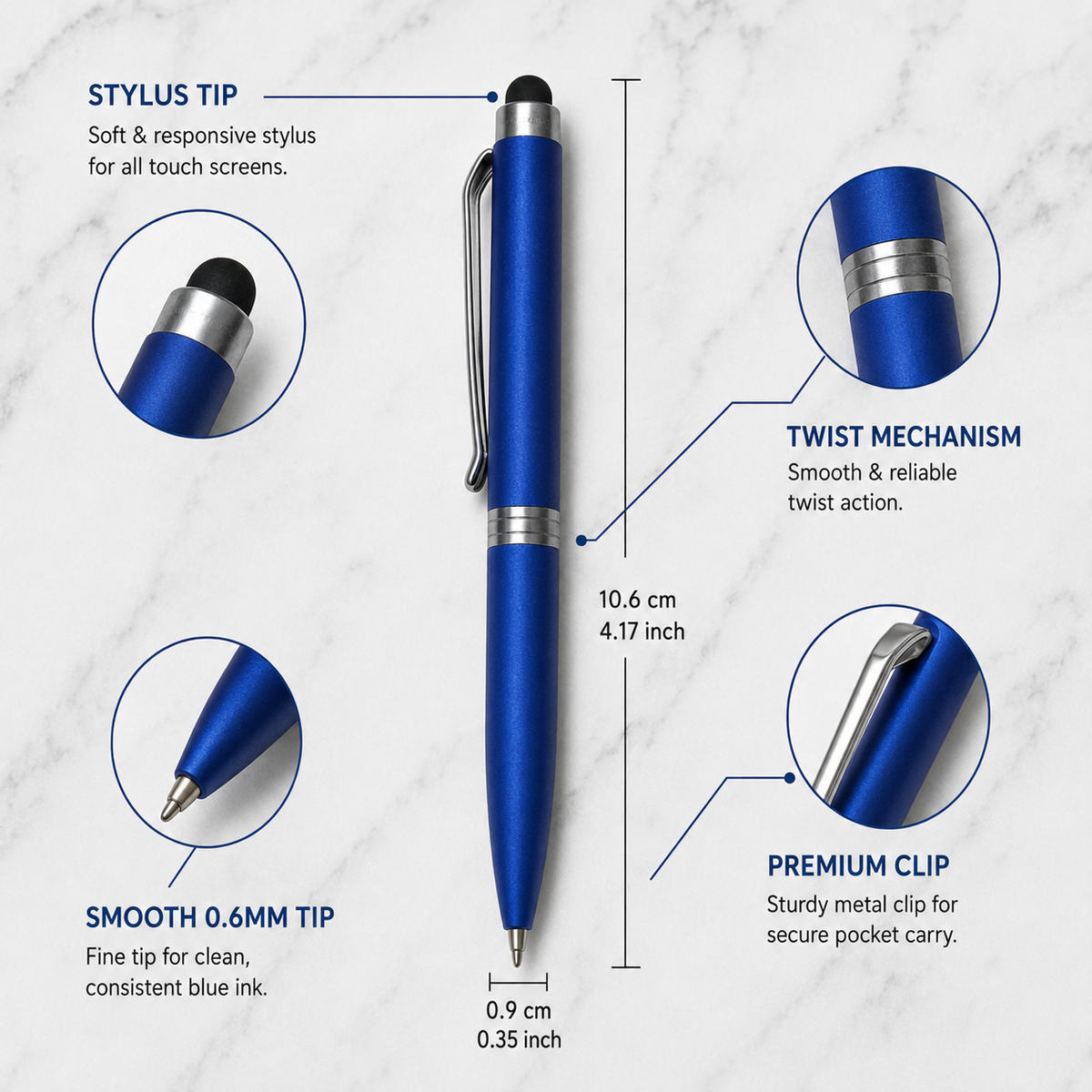 Matt Blue Mini Stylus Twist Ball Pen with Silver Clip – Blue Ink product view 4