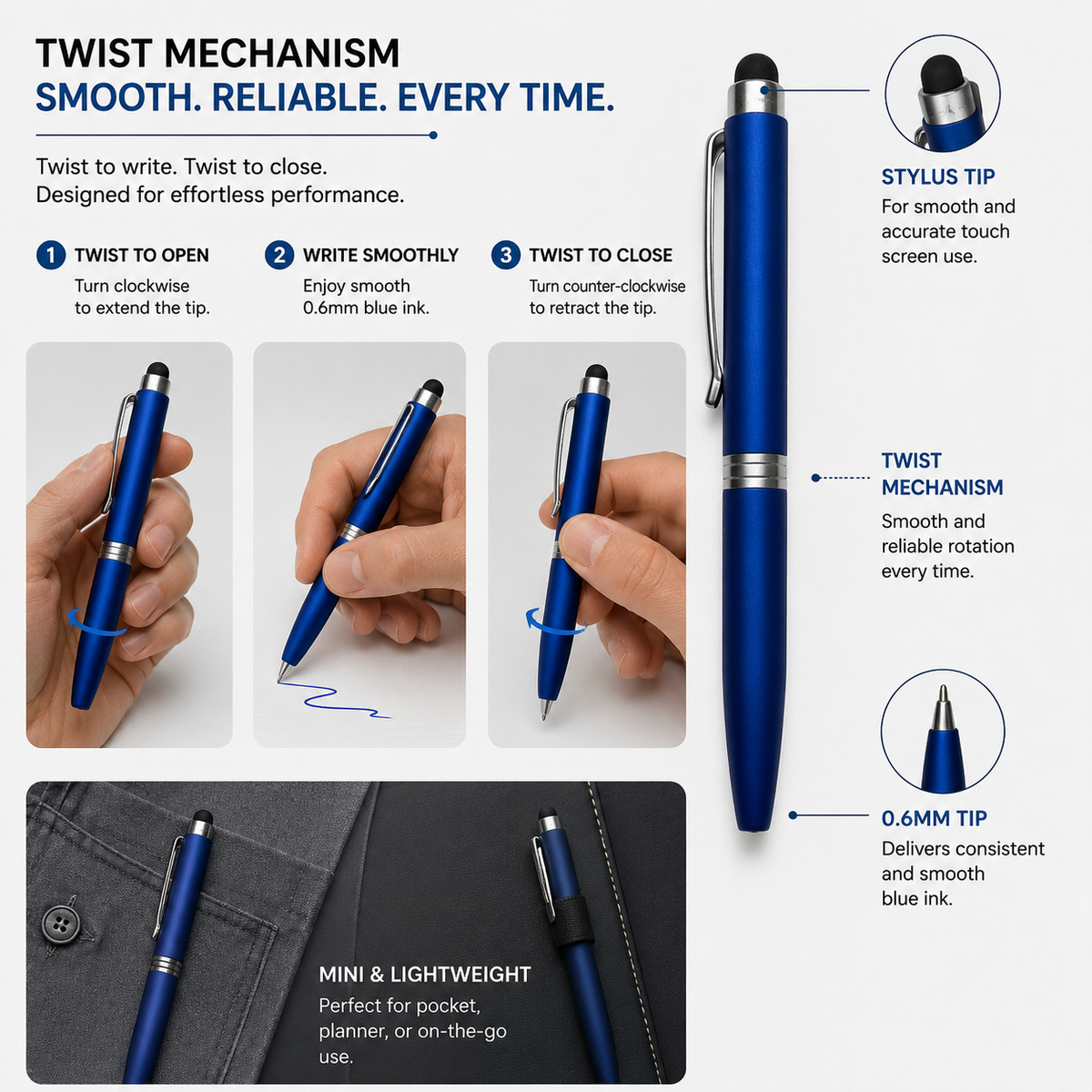 Matt Blue Mini Stylus Twist Ball Pen with Silver Clip – Blue Ink product view 5