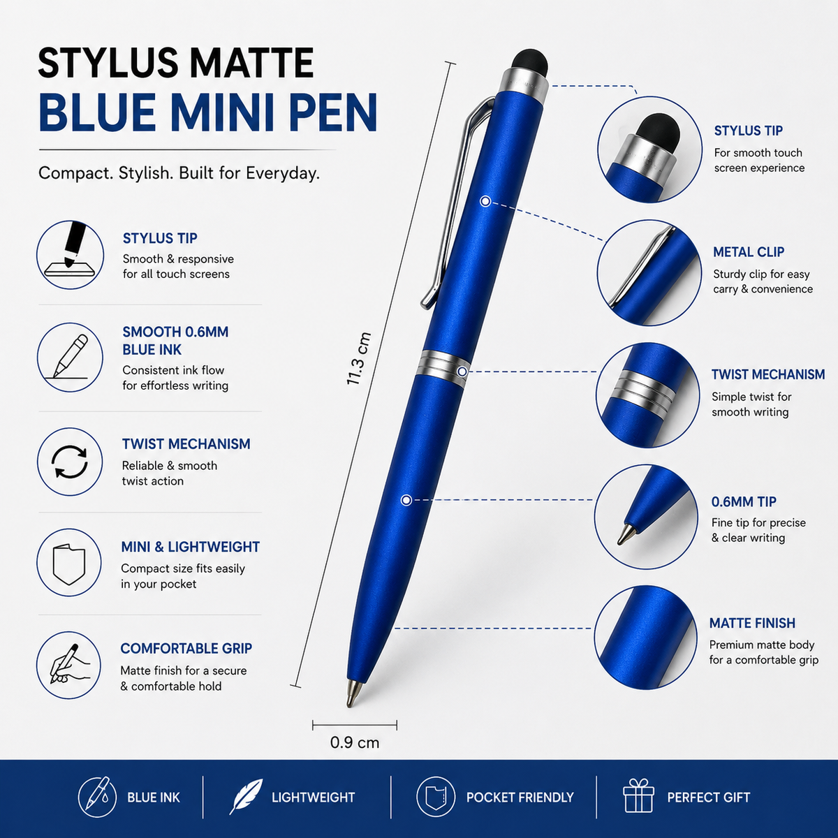 Matt Blue Mini Stylus Twist Ball Pen with Silver Clip – Blue Ink product view 6