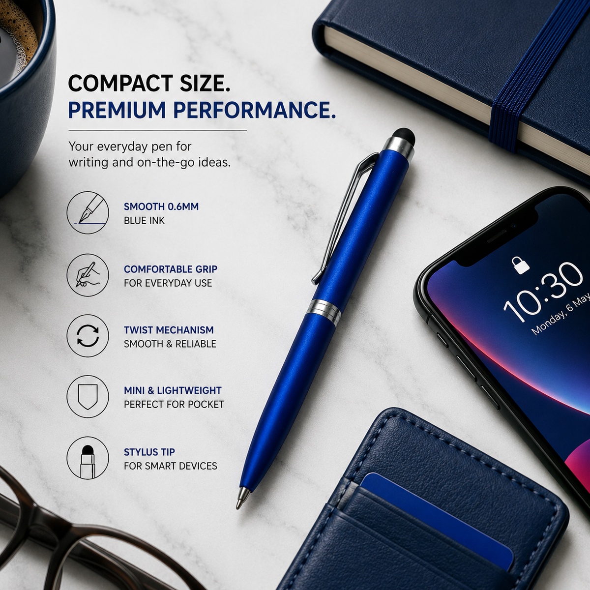 Matt Blue Mini Stylus Twist Ball Pen with Silver Clip – Blue Ink product view 7