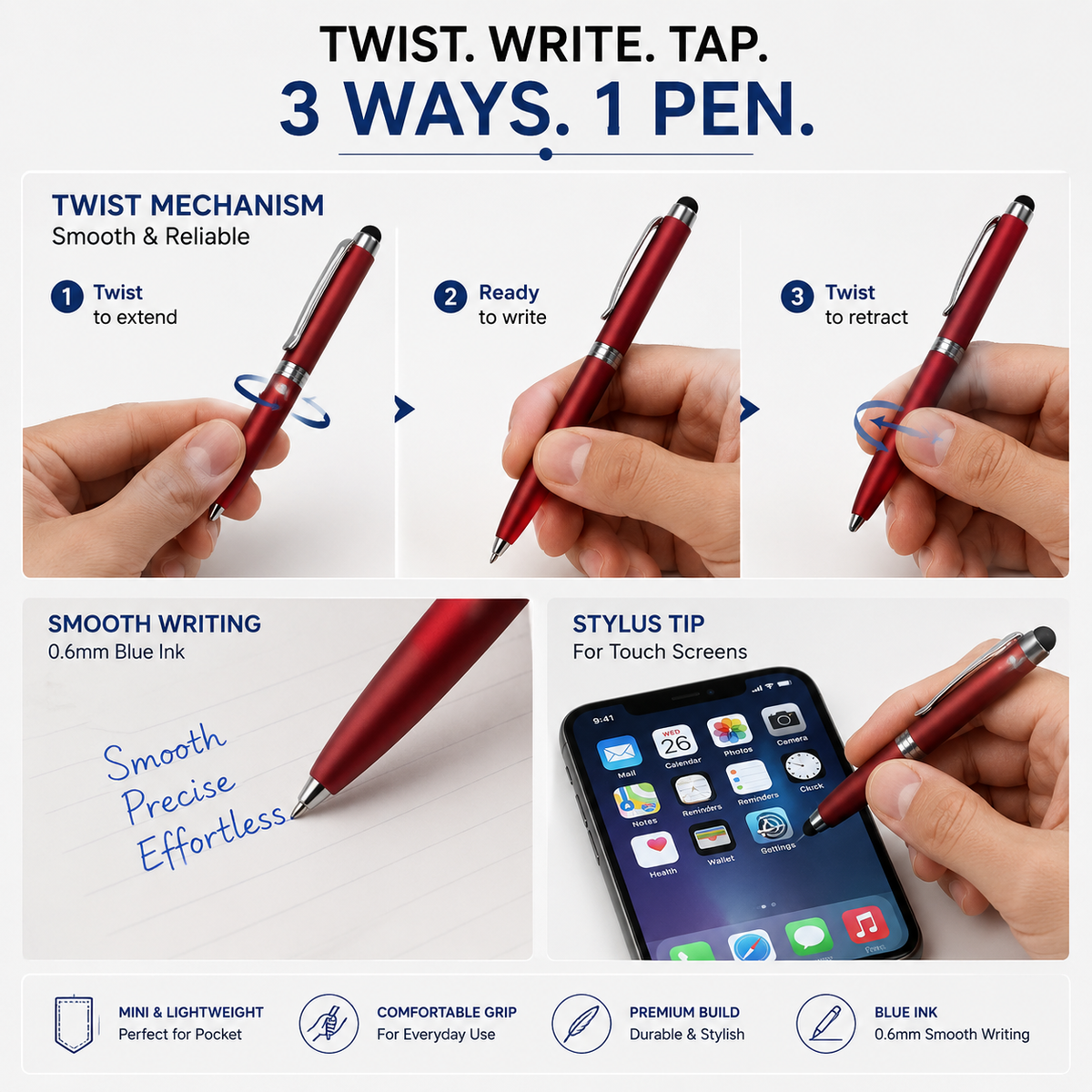 Ballpen Bazaar  Ballpen Bazaar Stylus Matt Red Mini Ball Pen with Glossy Silver Clip Twist Mechanism Blue Ink 1 Pen with Extra Refill with Name Engraving