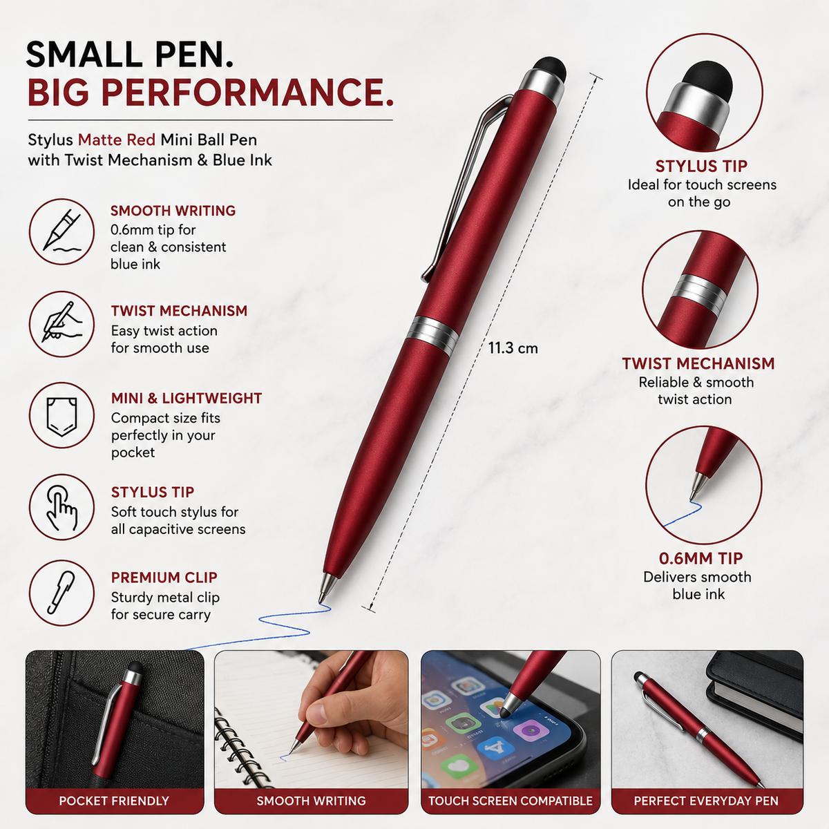 Ballpen Bazaar  Ballpen Bazaar Stylus Matt Red Mini Ball Pen with Glossy Silver Clip Twist Mechanism Blue Ink 1 Pen with Extra Refill with Name Engraving