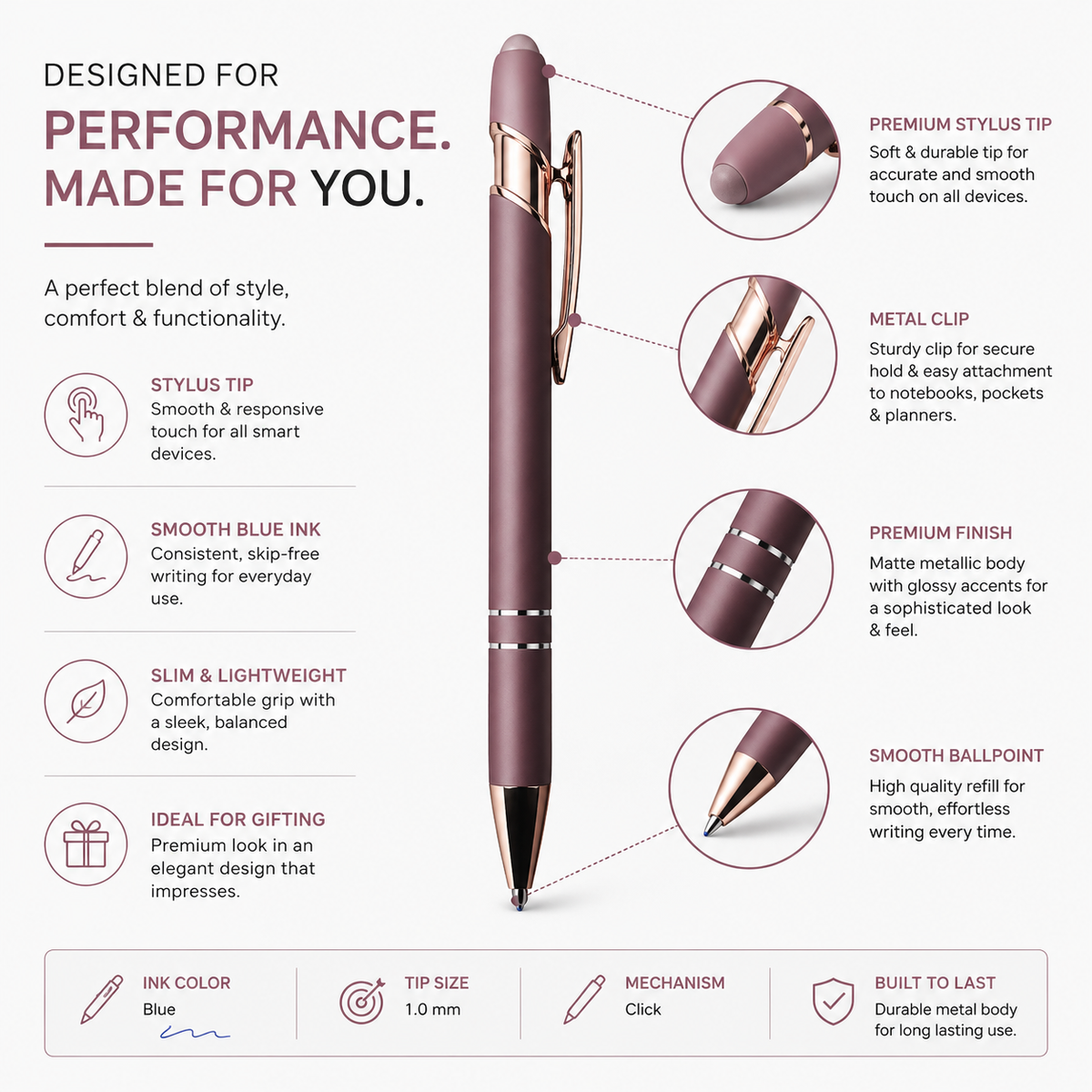 Ballpen Bazaar  Ballpen Bazaar Stylus Matt Rose Gold Ball Pen with Copper Clip Click Mechanism Blue Ink | 1 Pen with 1 Extra Refill with Name Engraving