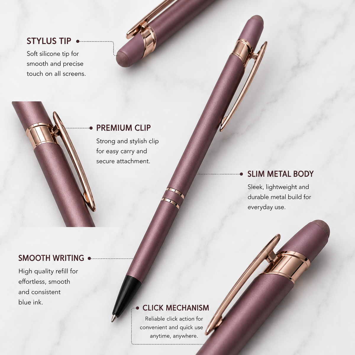 Ballpen Bazaar  Ballpen Bazaar Stylus Matt Rose Gold Ball Pen with Copper Clip Click Mechanism Blue Ink | 1 Pen with 1 Extra Refill with Name Engraving