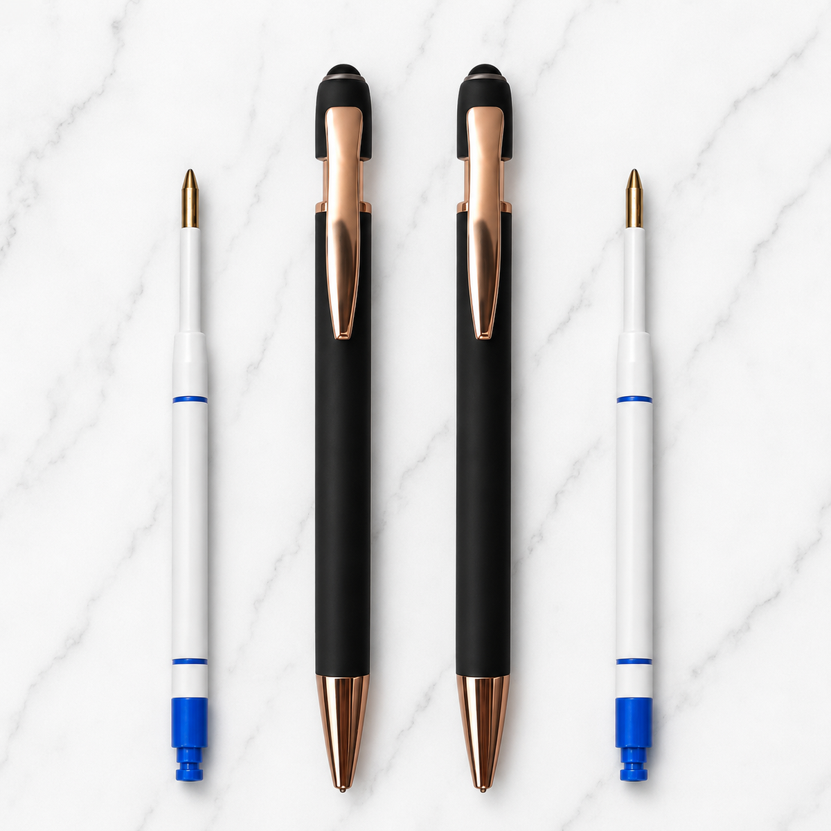 Ballpen Bazaar  Ballpen Bazaar Stylus Matte Black Ball Pen with Copper Clip | Click Mechanism | Blue Ink | Includes 2 Free Plastic Jotter Blue Ink Refills | Pack of 2 with Name Engraving