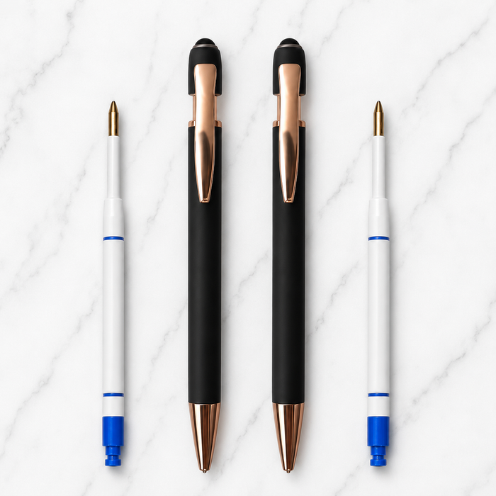 Ballpen Bazaar  Ballpen Bazaar Stylus Matte Black Ball Pen with Copper Clip | Click Mechanism | Blue Ink | Includes 2 Free Plastic Jotter Blue Ink Refills | Pack of 2 with Name Engraving