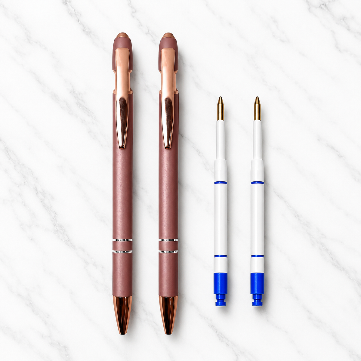 Ballpen Bazaar  Ballpen Bazaar Stylus Matte Rose Gold Ball Pen with Copper Clip | Click Mechanism | Blue Ink | 2 Free Plastic Jotter Blue Refills | Pack of 2 with Name Engraving