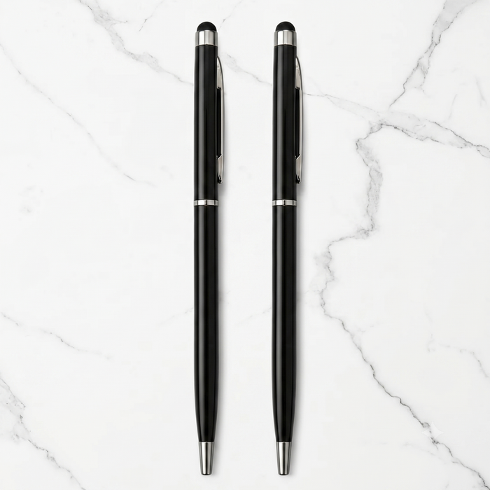 Ballpen Bazaar  Ballpen Bazaar Stylus Metallic Glossy Black Ball Pen with Silver Clip | Twist Mechanism | Smooth Blue Ink | Premium Metal Stylus Pen for Touchscreen | 2 Pcs with 2 Free Refills with Name Engraving