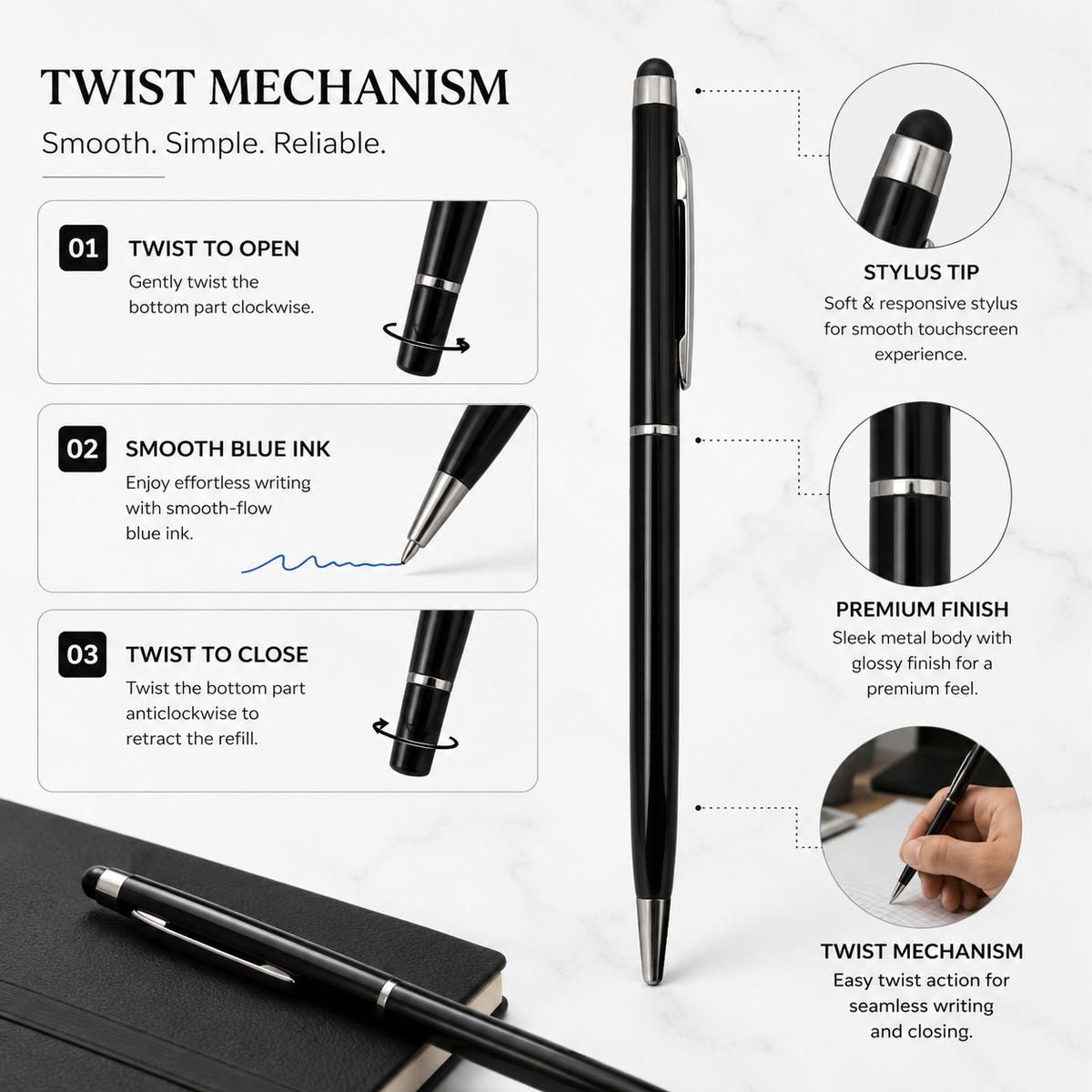 Ballpen Bazaar  Ballpen Bazaar Stylus Metallic Glossy Black Ball Pen with Silver Clip Twist Mechanism Blue Ink | 1 Pen + 1 Extra Refill with Name Engraving