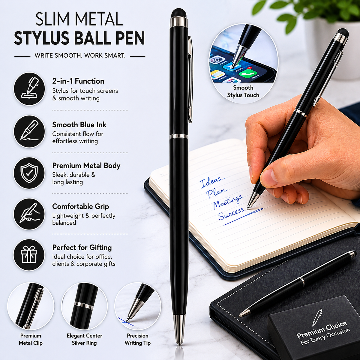 Ballpen Bazaar  Ballpen Bazaar Stylus Metallic Glossy Black Ball Pen with Silver Clip Twist Mechanism Blue Ink | 1 Pen + 1 Extra Refill with Name Engraving