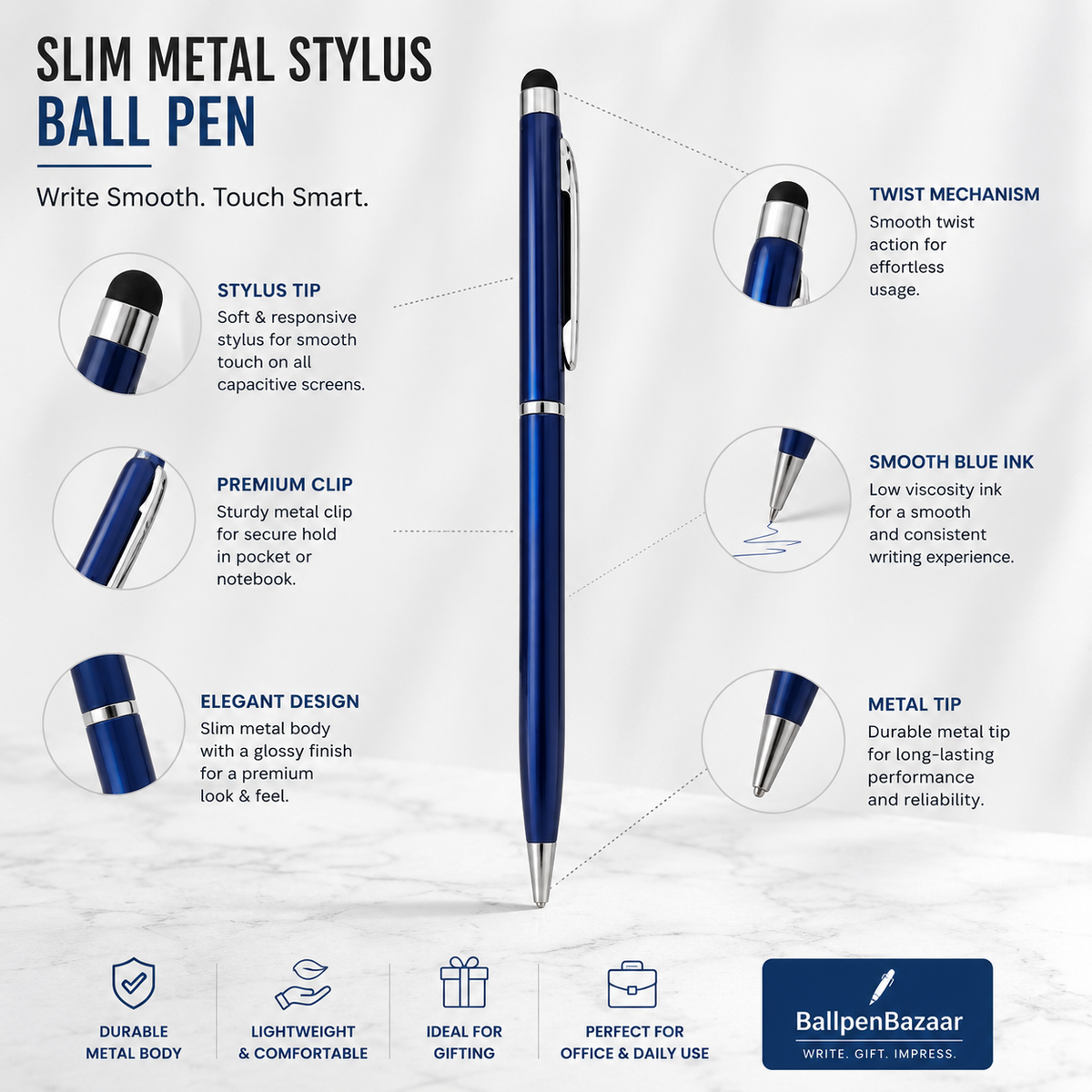 Ballpen Bazaar  Ballpen Bazaar Stylus Metallic Glossy Blue Ball Pen with Silver Clip Twist Mechanism | Blue Ink | 1 Pen with 1 Extra Refill with Name Engraving