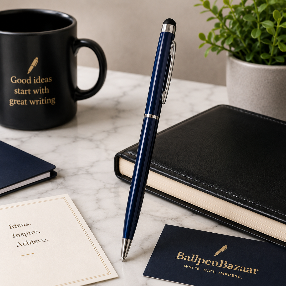 Ballpen Bazaar  Ballpen Bazaar Stylus Metallic Glossy Blue Ball Pen with Silver Clip Twist Mechanism | Blue Ink | 1 Pen with 1 Extra Refill with Name Engraving