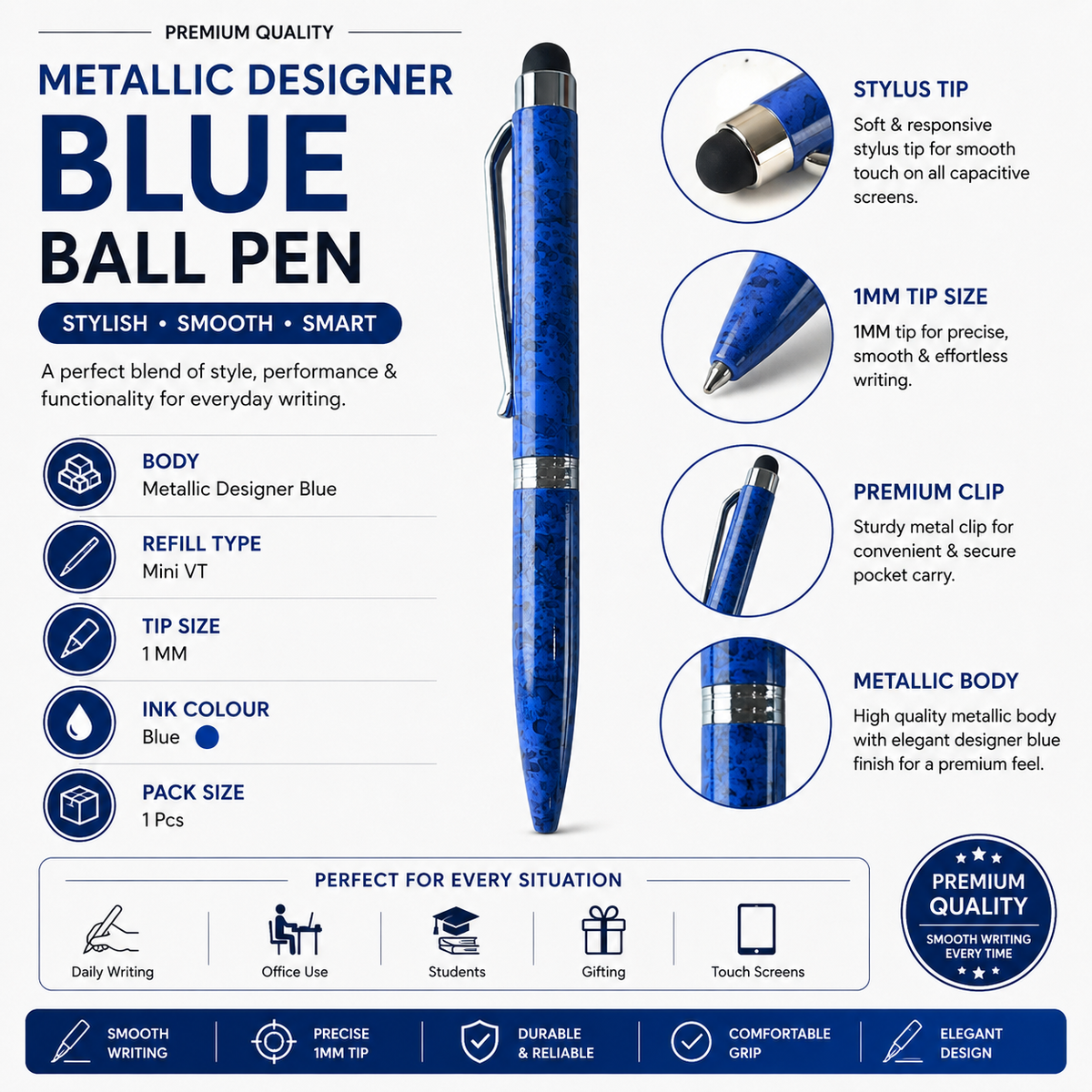 Ballpen Bazaar  Ballpen Bazaar Stylus Metallic Glossy Designer Blue Colour Body with Silver Colour Clip Twist Mechanism Mini Ball Pen with Blue Ink and 1 Extra Refill - 1 Pc with Name Engraving