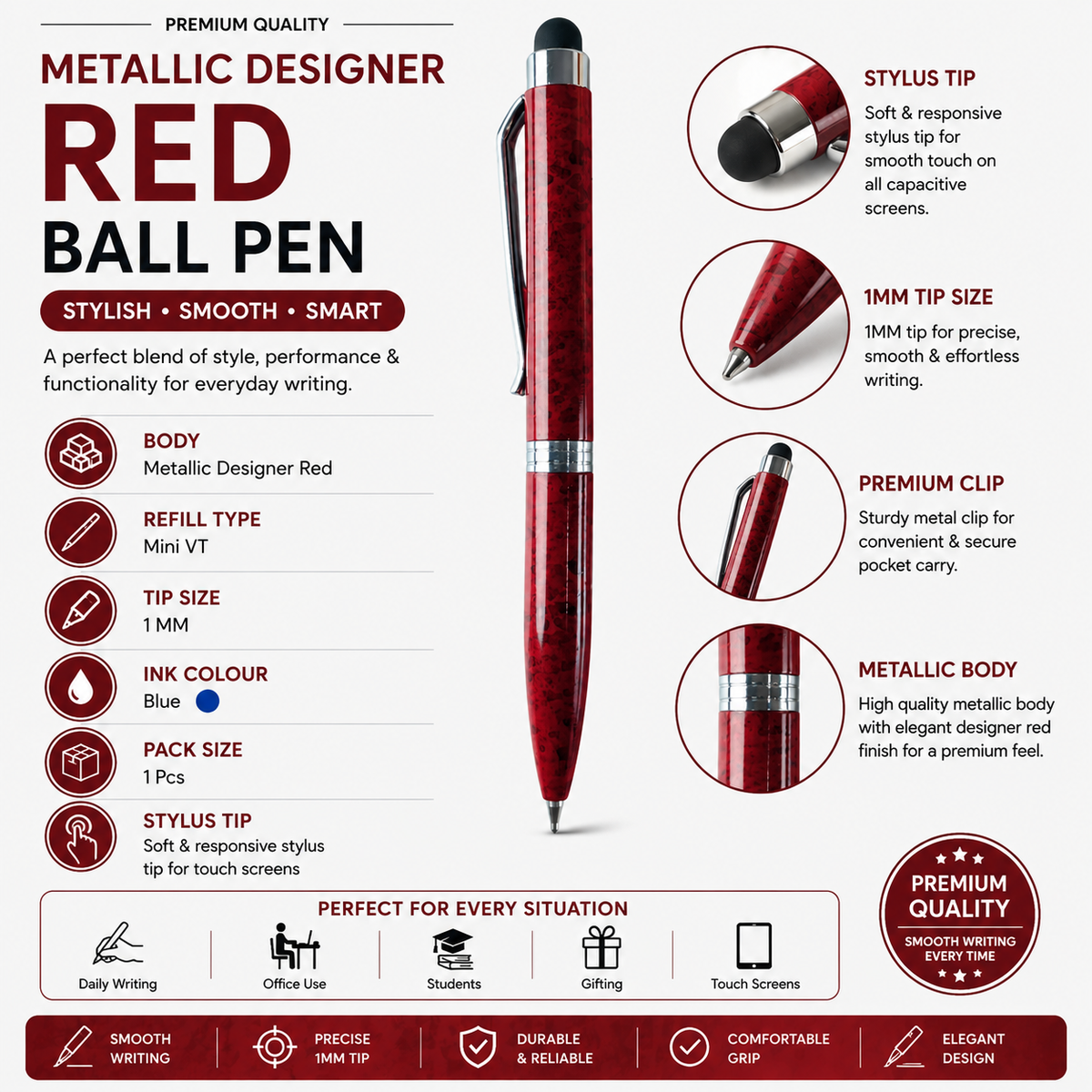 Ballpen Bazaar  Ballpen Bazaar Stylus Metallic Glossy Designer Red Mini Ball Pen with Silver Clip, Twist Mechanism, Blue Ink, 1 Pen + 1 Extra Refill with Name Engraving