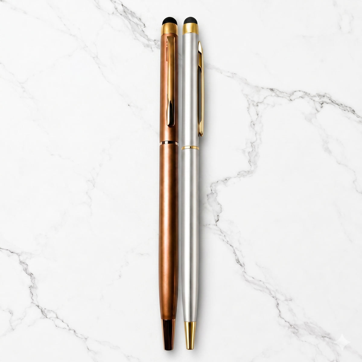 Ballpen Bazaar  Ballpen Bazaar Stylus Metallic Glossy Full Silver Ball Pen with Gold Clip & Rose Gold Twist Ball Pen with Copper Clip | Blue Ink | 2 Pens with 2 Extra Refills with Name Engraving