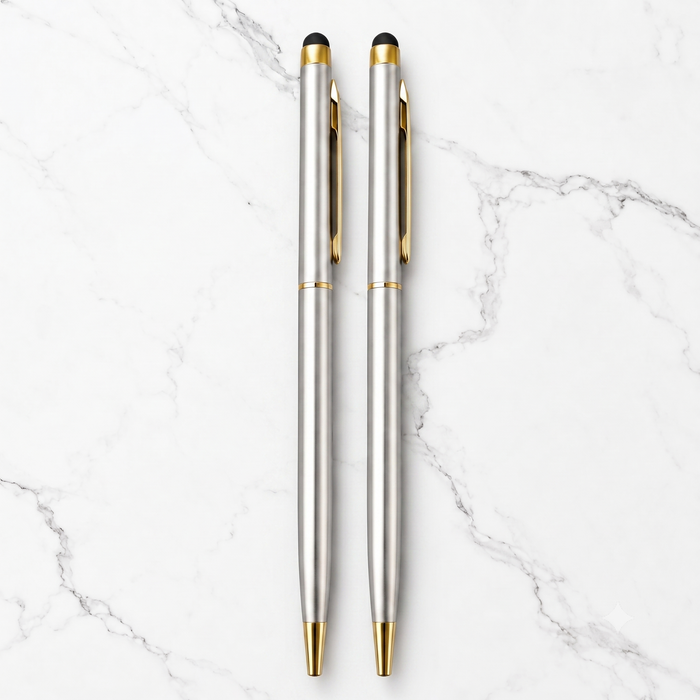 Ballpen Bazaar  Ballpen Bazaar Stylus Metallic Glossy Full Silver Body Ball Pen with Gold Clip | Twist Mechanism | Blue Ink | 2 Premium Metal Pens with 2 Extra Refills with Name Engraving