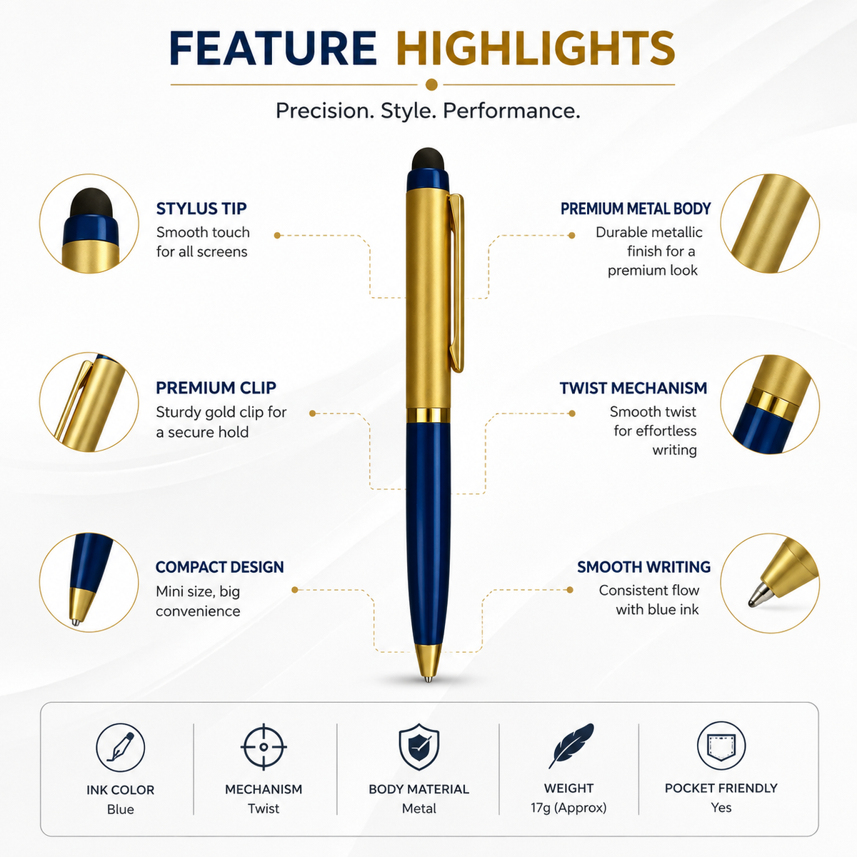 Ballpen Bazaar  Ballpen Bazaar Stylus Metallic Glossy Gold & Blue Dual Colour Body with Gold Clip Twist Mechanism Mini Ball Pen with Extra Blue Refill with Name Engraving