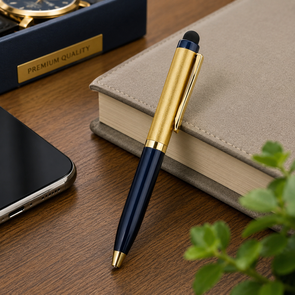 Ballpen Bazaar  Ballpen Bazaar Stylus Metallic Glossy Gold & Blue Dual Colour Body with Gold Clip Twist Mechanism Mini Ball Pen with Extra Blue Refill with Name Engraving