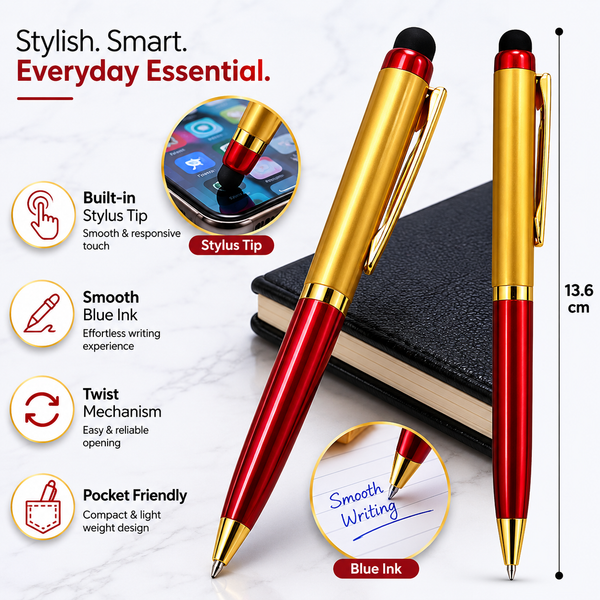 Ballpen Bazaar  Ballpen Bazaar Stylus Metallic Glossy Gold & Red Dual Colour Mini Ball Pen with Gold Clip, Twist Mechanism, Blue Ink, 1 Pen with 1 Extra Refill with Name Engraving