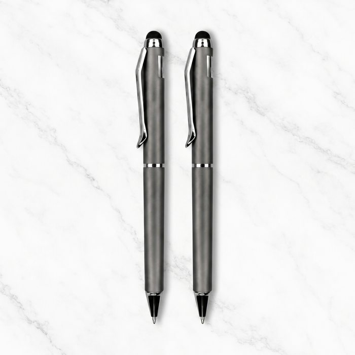Ballpen Bazaar  Ballpen Bazaar Stylus Metallic Glossy Gunmetal Ball Pen Set of 2 with Silver Clip Twist Mechanism Blue Ink + 2 Extra Refills with Name Engraving