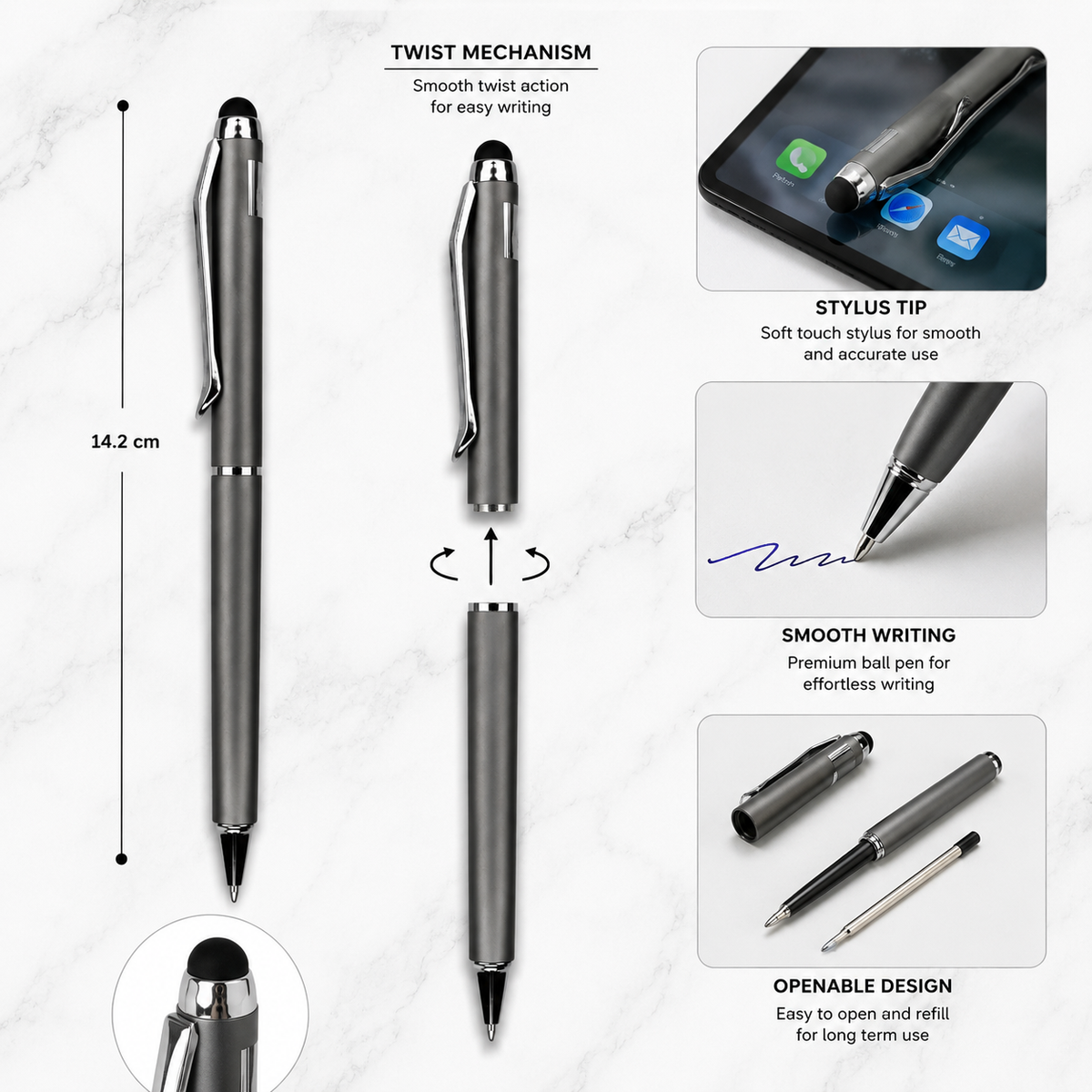 Ballpen Bazaar  Ballpen Bazaar Stylus Metallic Glossy Gunmetal Ball Pen Set of 2 with Silver Clip Twist Mechanism Blue Ink + 2 Extra Refills with Name Engraving
